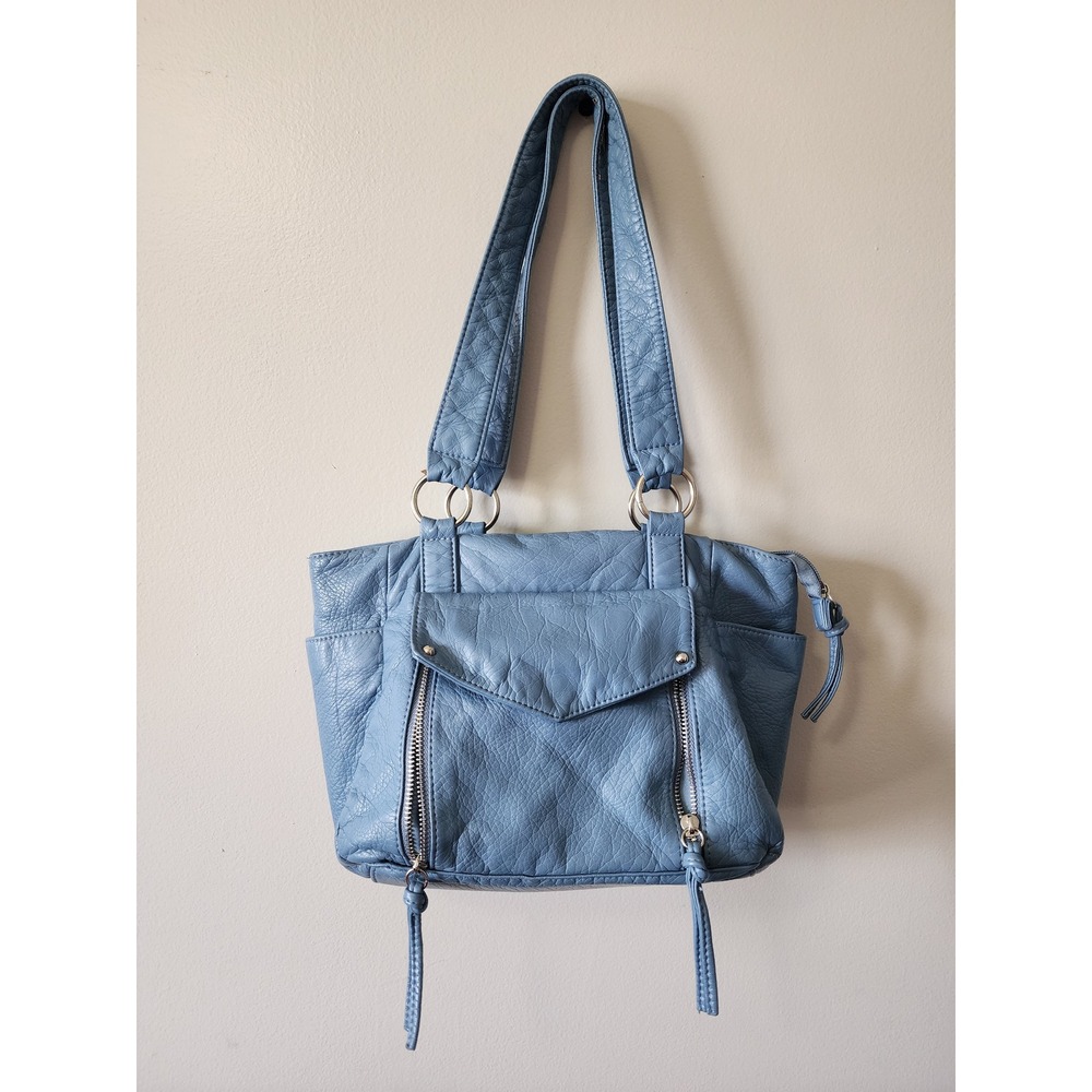 Bueno Blue Vegan Leather Shoulder Bag Silver Hardware Multi Pocket Hobo Purse